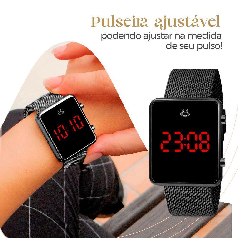 Relogio Feminino Preto Digital + Colar + Brincos + Caixa Casual Presente Silicone Pulseira Ajustável - 6