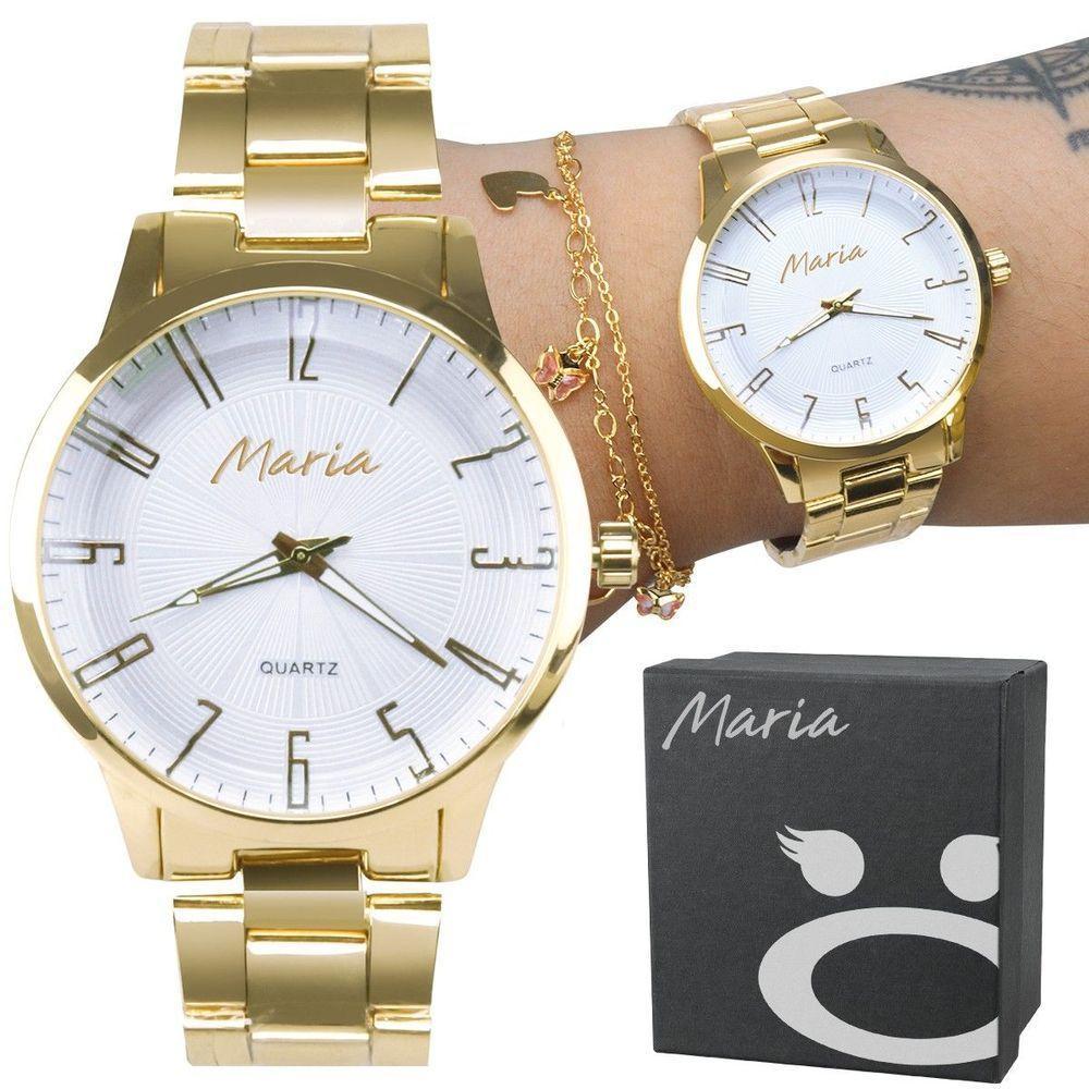 Relogio Feminino Dourado Banhado Inox Aço + Caixa Presente Ouro Original Analogico - 1