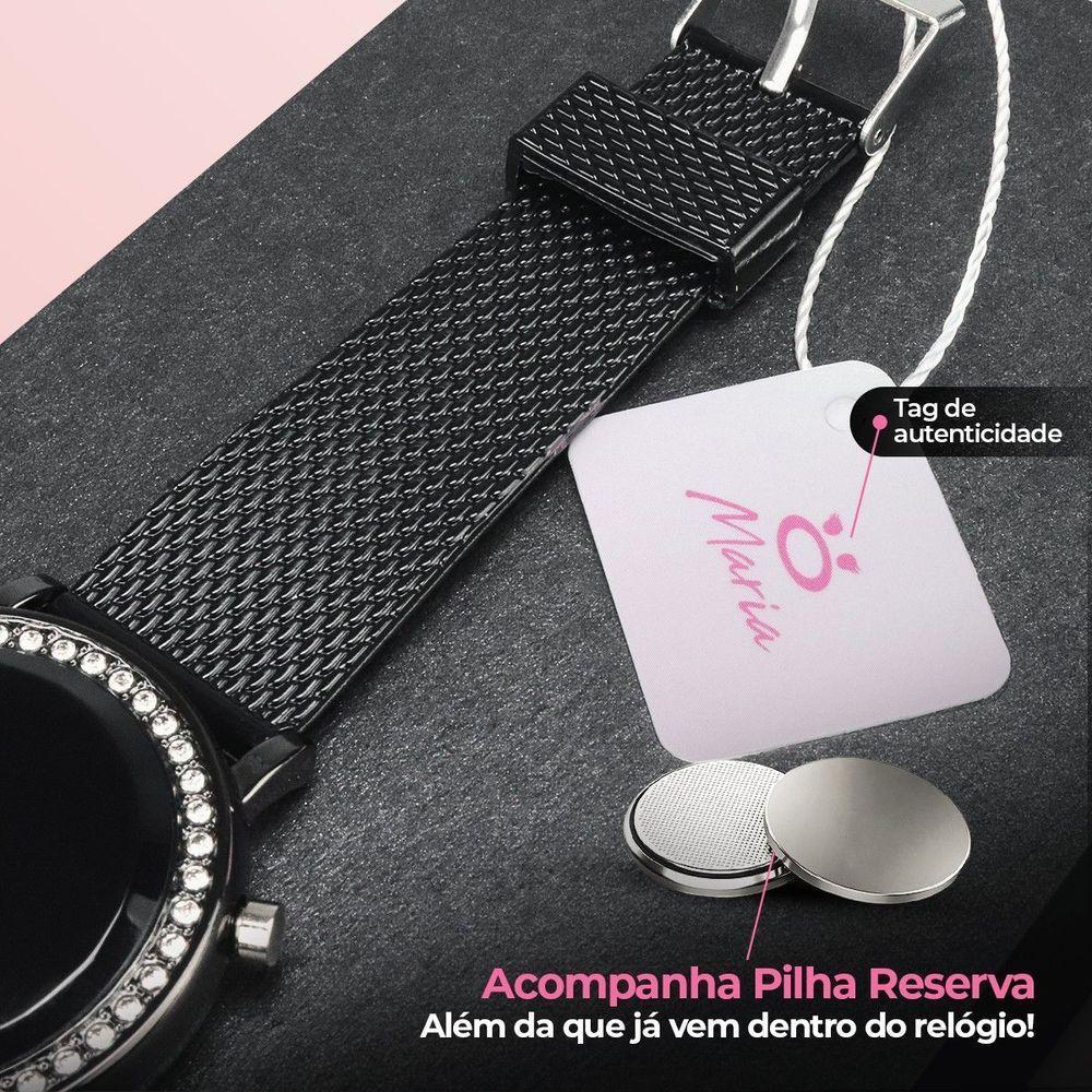 Relogio Feminino Aço Inoxidavel Digital Led Silicone Strass Social Ajustavel Casual Preto Moda - 4