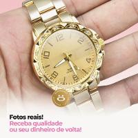 Relógio Feminino Dourado Aço Strass + Colar Brincos + Caixa Prova Dagua Casual Social Ouro Presente - 5