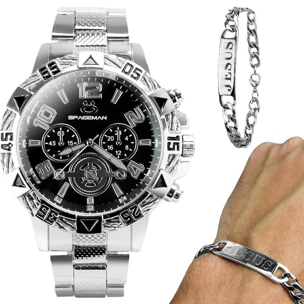 Relogio Masculino Prata Aço Inox + Pulseira Pai Nosso Analogico Religioso Presente Social Original - 1