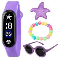 Relógio Digital Infantil Prova Dagua + Oculos Sol + Pulseira Presente Fundo Mar Proteção Uv Roxo - 1
