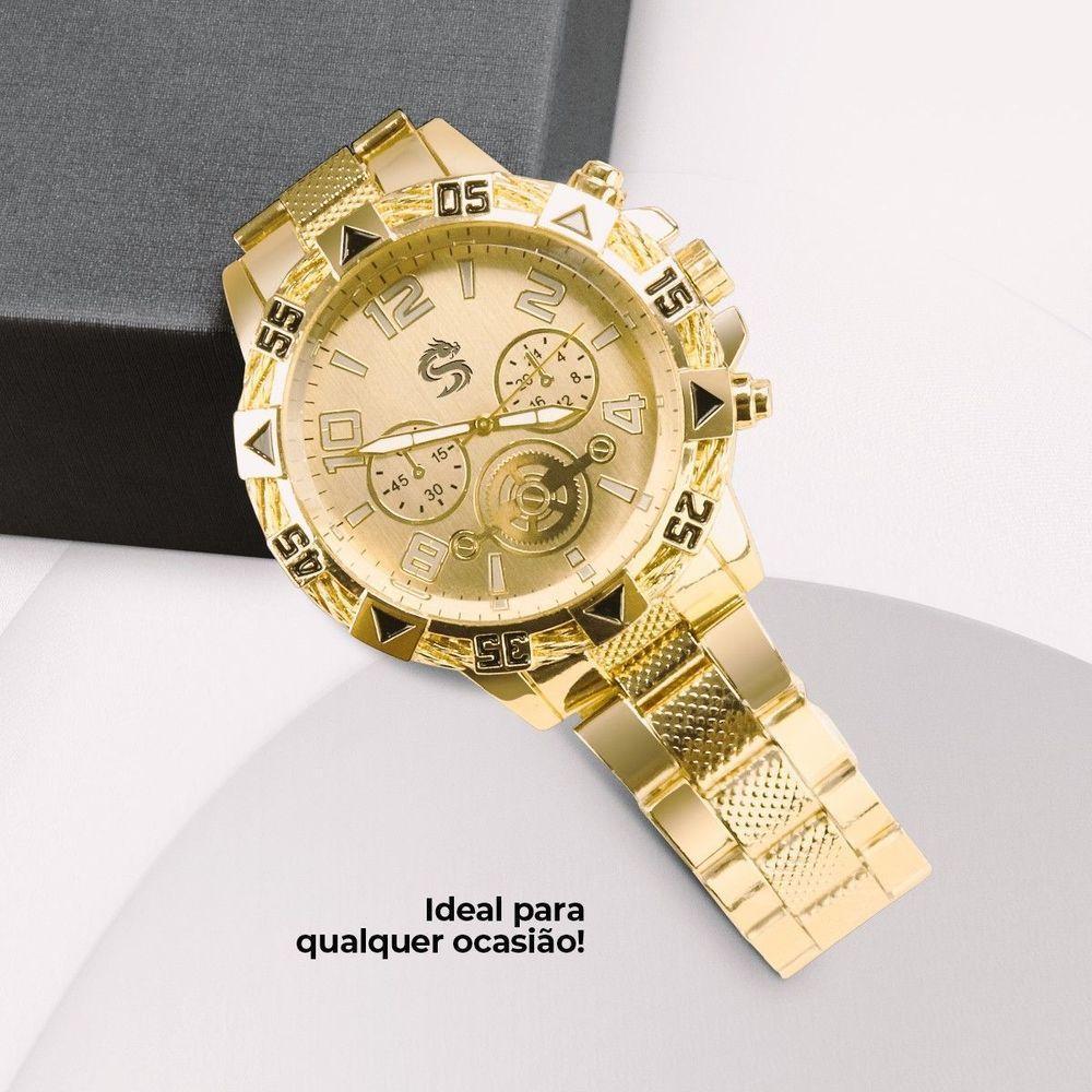 Relogio Masculino Dourado Grande Aço Inox Original + Caixa Social Pesado Original Presente Dragão - 2