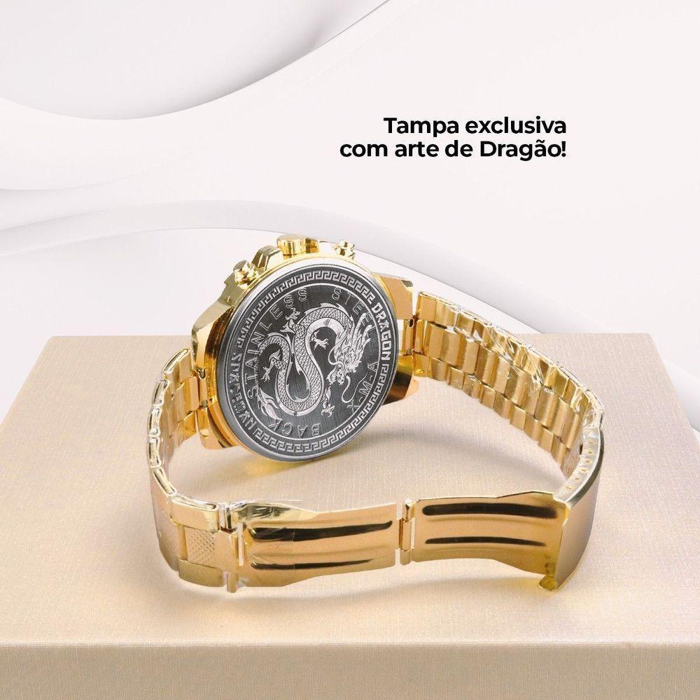 Relogio Masculino Dourado Grande Aço Inox Original + Caixa Social Pesado Original Presente Dragão - 4
