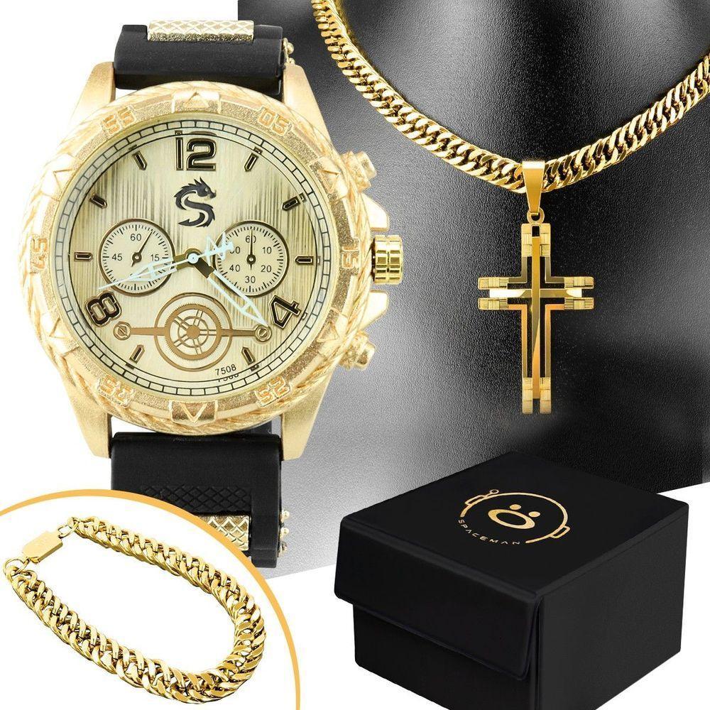 Relogio Masculino Banhado Aço + Pulseira + Cordão Crucifixo Ajustavel Original Dourado Social Casual - 1