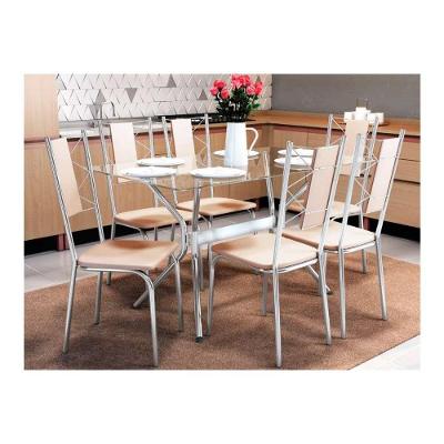 Conjunto: Mesa Sala Jantar Loire c/ Tampo Vidro 150cm + 6 Cadeiras Lisboa Cromado/Courano Nude - Kappesberg
