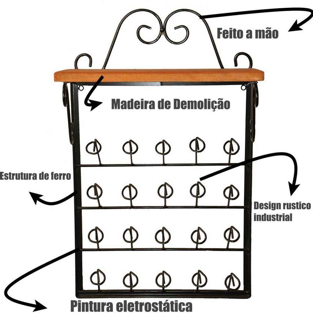 Porta Copos De Parede Rústico Ferro E Madeira Artesanal Para 20 Copos - 2