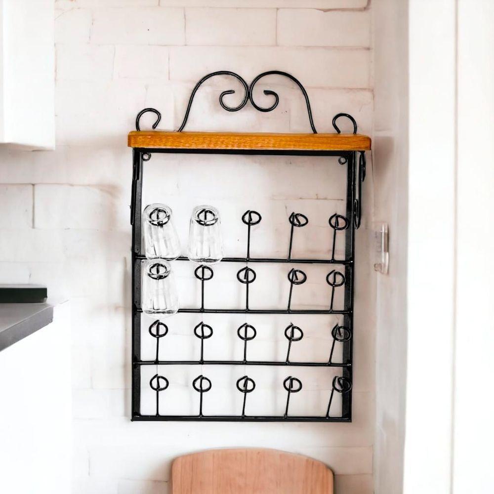 Porta Copos De Parede Rústico Ferro E Madeira Artesanal Para 20 Copos - 5