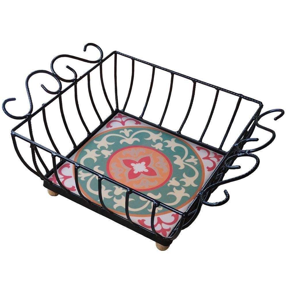 Fruteira De Mesa Ferro E Azulejo Quadrada Grande Pra Cozinha Azulejo G2 - 1