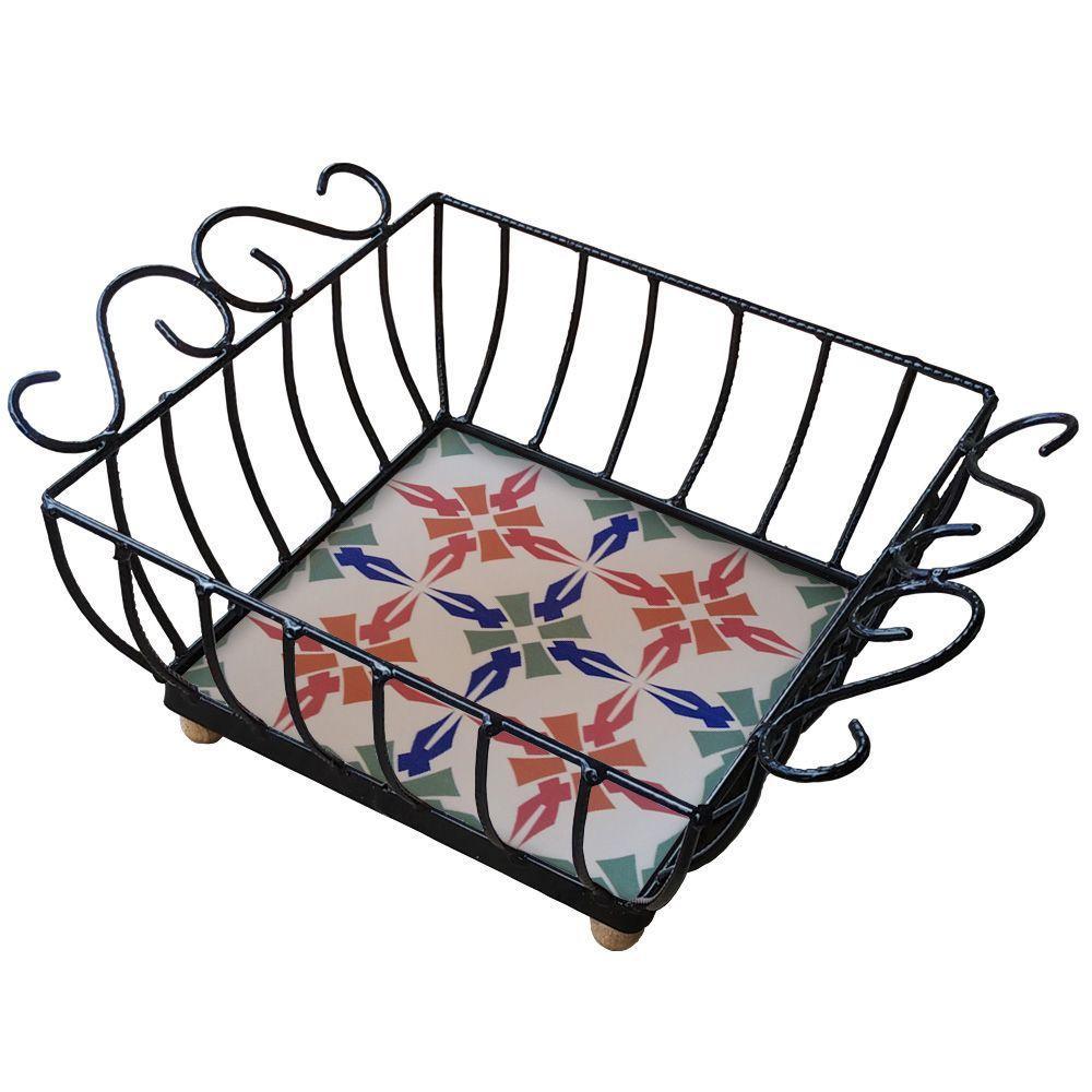 Fruteira De Mesa Ferro E Azulejo Quadrada Grande Pra Cozinha Azulejo G8 - 1