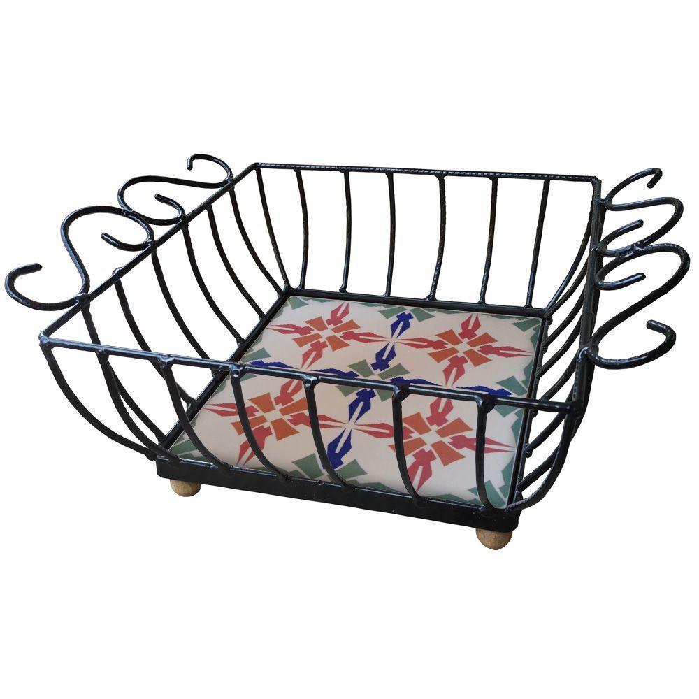 Fruteira De Mesa Ferro E Azulejo Quadrada Grande Pra Cozinha Azulejo G8 - 4