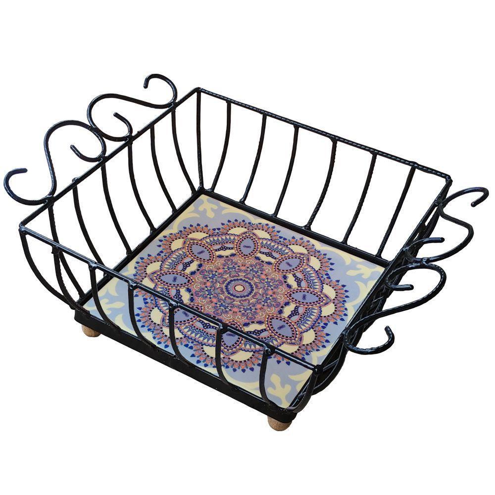 Fruteira De Mesa Ferro E Azulejo Quadrada Grande Pra Cozinha Azulejo G6 - 1