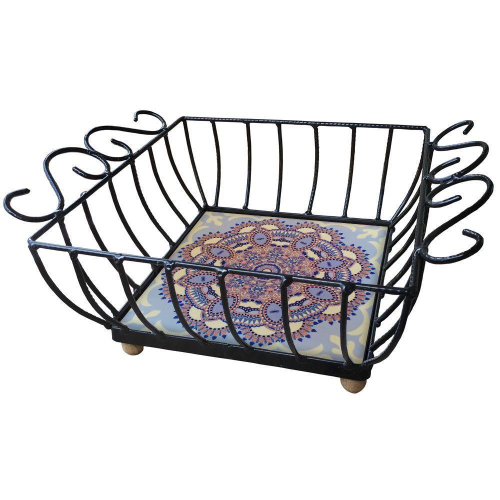 Fruteira De Mesa Ferro E Azulejo Quadrada Grande Pra Cozinha Azulejo G6 - 4