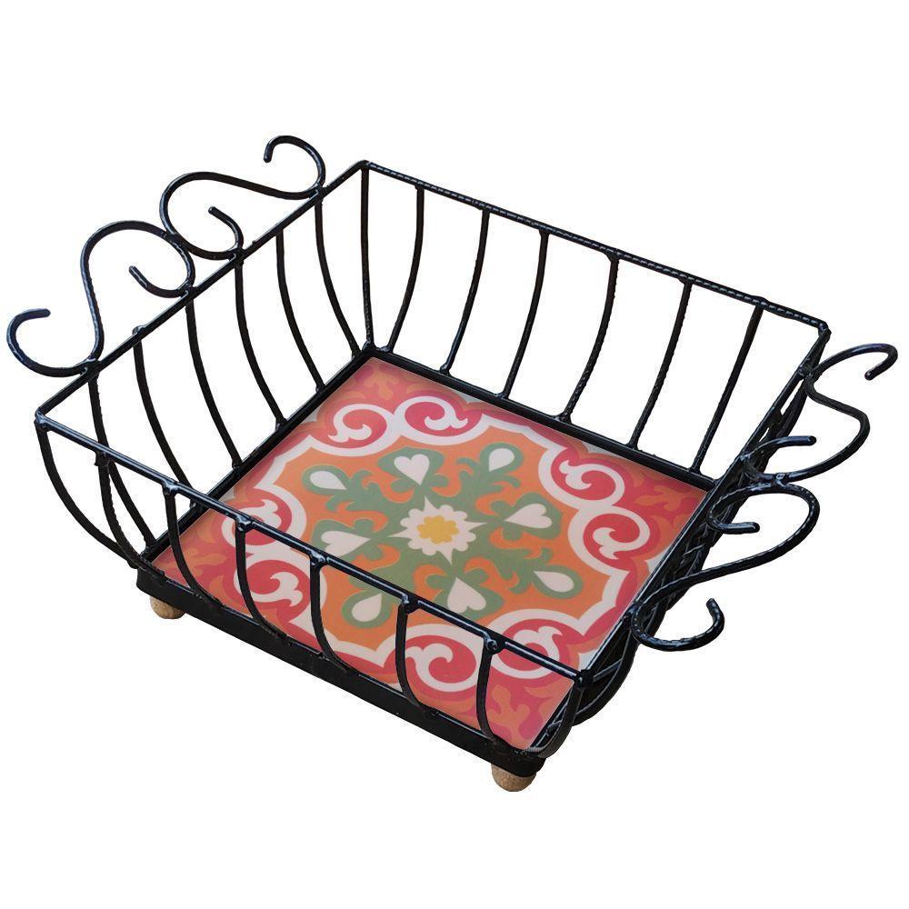 Fruteira De Mesa Ferro E Azulejo Quadrada Grande Pra Cozinha Azulejo G3 - 1