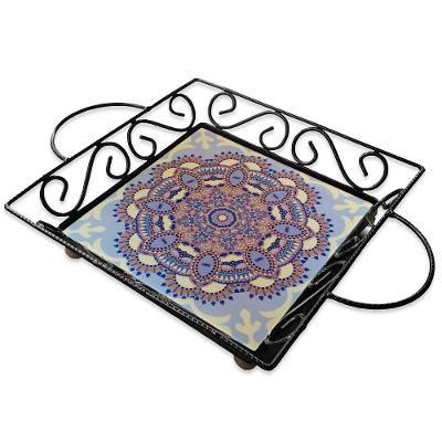 Fruteira De Mesa Bandeja Ferro E Azulejo Quadrada Premium Cozinha Azulejo G6