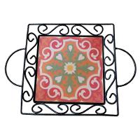 Fruteira De Mesa Bandeja Ferro E Azulejo Quadrada Premium Cozinha Azulejo G3