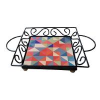 Fruteira De Mesa Bandeja Ferro E Azulejo Quadrada Premium Cozinha Azulejo G7