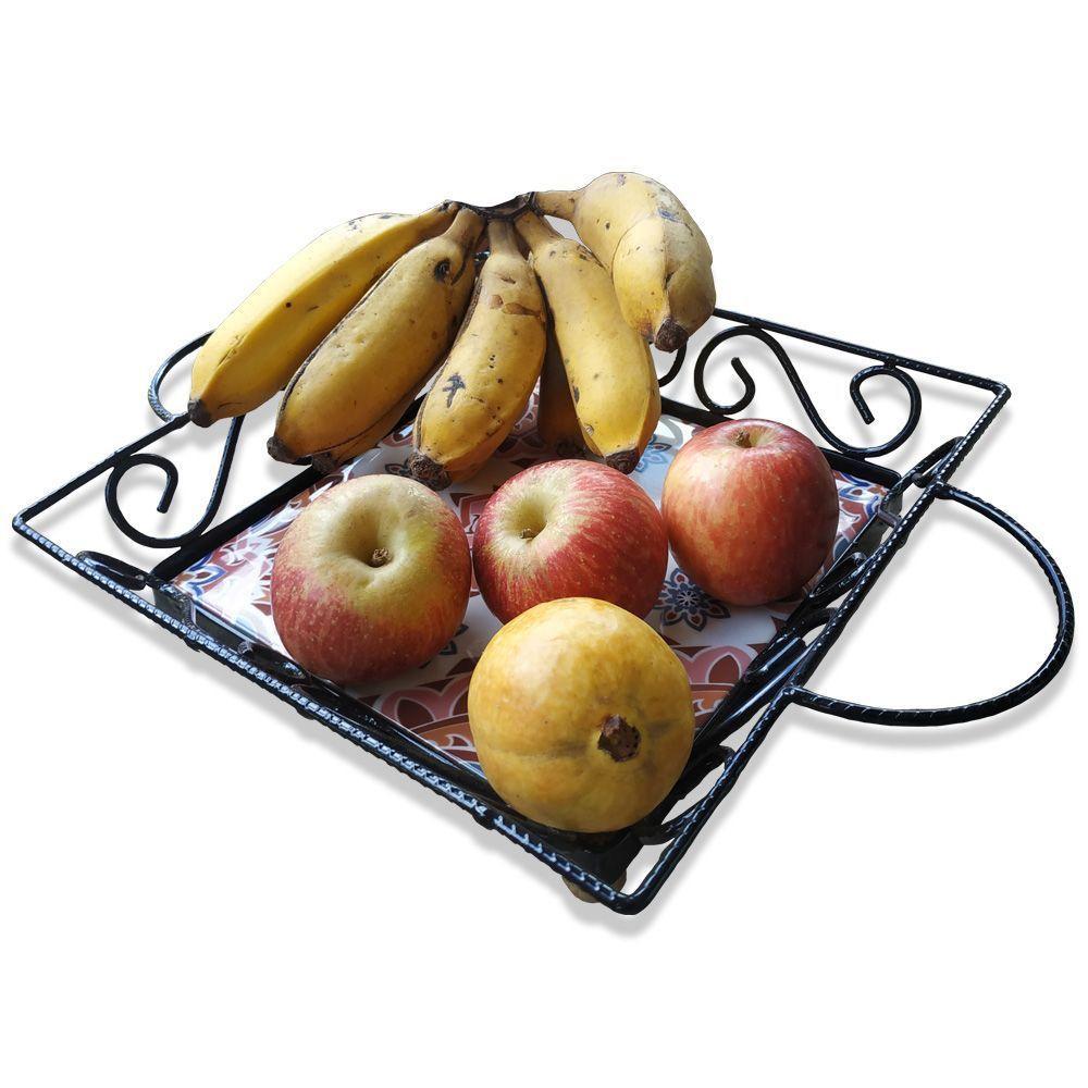 Fruteira De Mesa Bandeja Ferro E Azulejo Quadrada Premium Cozinha Azulejo G1 - 3