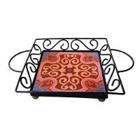 Fruteira De Mesa Bandeja Ferro E Azulejo Quadrada Premium Cozinha Azulejo G4