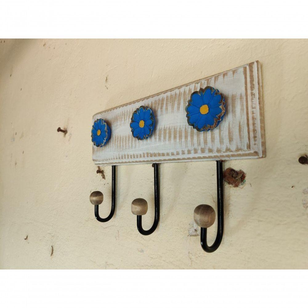 Cabideiro Toalheiro 3 Ganchos Madeira E Ferro Artesanal Cor Azul - 2