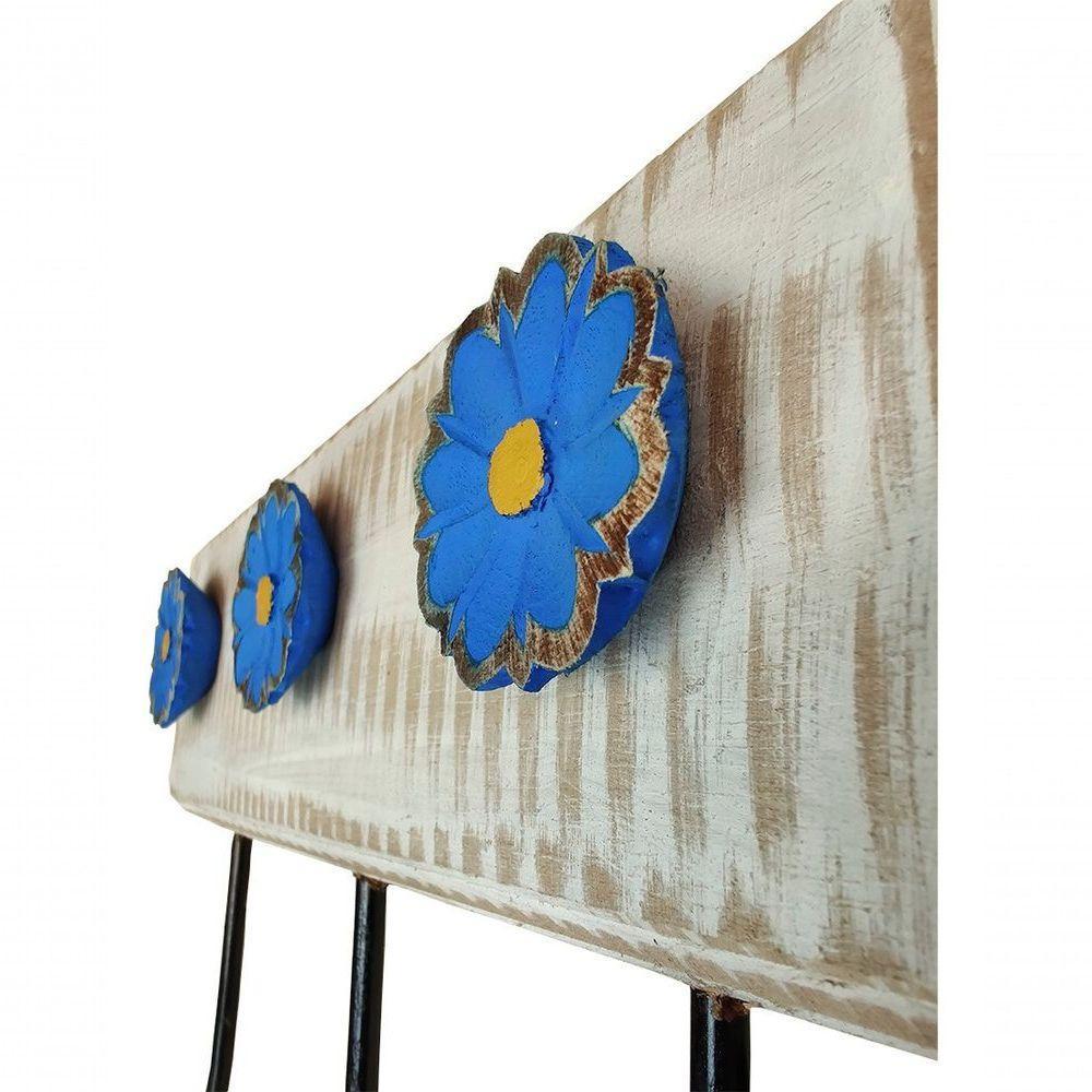 Cabideiro Toalheiro 3 Ganchos Madeira E Ferro Artesanal Cor Azul - 3