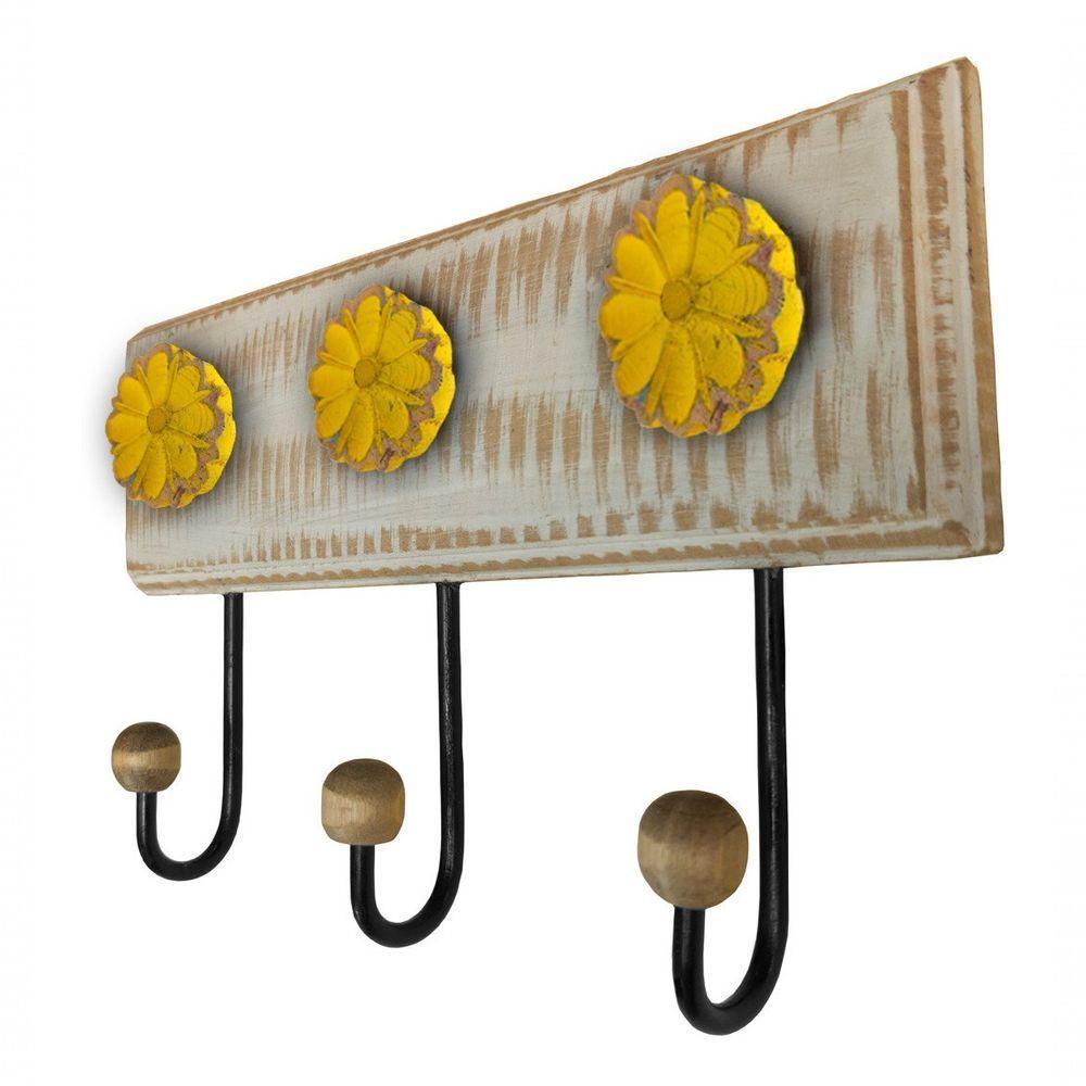 Cabideiro Toalheiro 3 Ganchos Madeira E Ferro Artesanal Cor Amarelo - 2