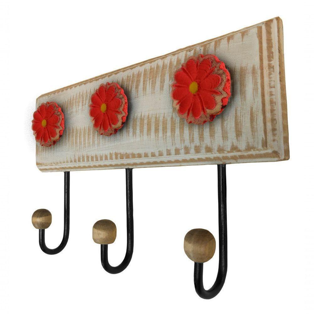 Cabideiro Toalheiro 3 Ganchos Madeira E Ferro Artesanal Cor Vermelho - 2