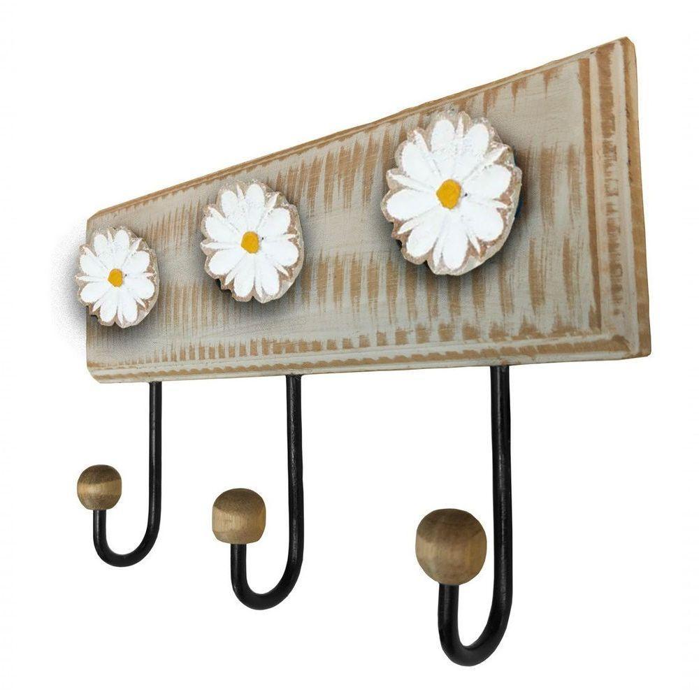 Cabideiro Toalheiro 3 Ganchos Madeira E Ferro Artesanal Cor Branco - 2