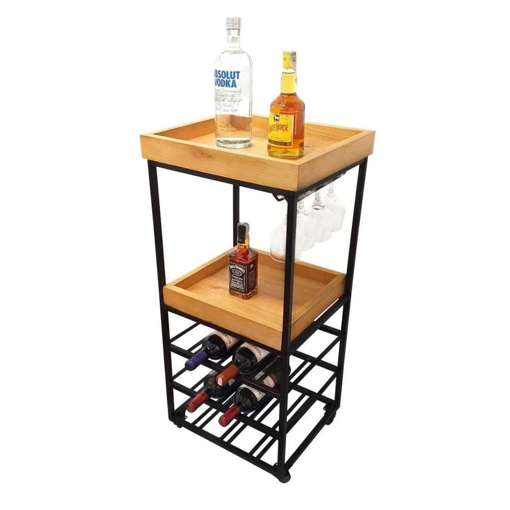 Aparador Adega 2 Prateleiras Com Rodinhas Ferro E Madeira Artesanal - 3