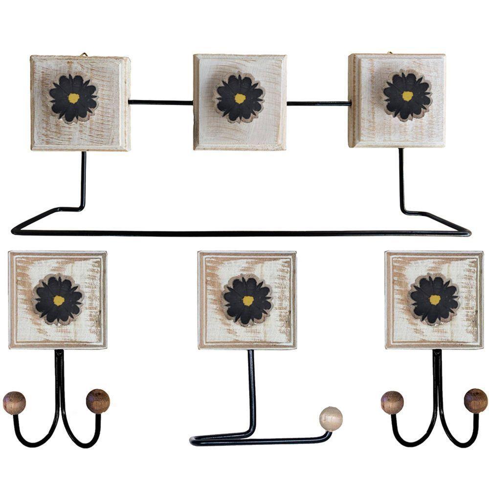 Kit Banheiro Com 2 Toalheiros Duplos + Porta Papel Higiênico + Toalheiro Rustico Artesanal Cor Preto - 1