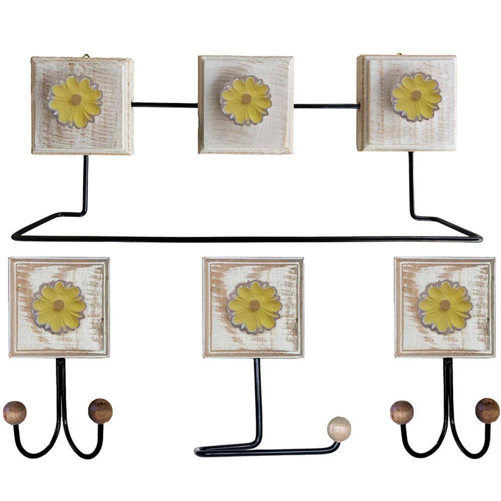 Kit Banheiro Com 2 Toalheiros Duplos + Porta Papel Higiênico + Toalheiro Rustico Artesanal Cor Amarelo - 1