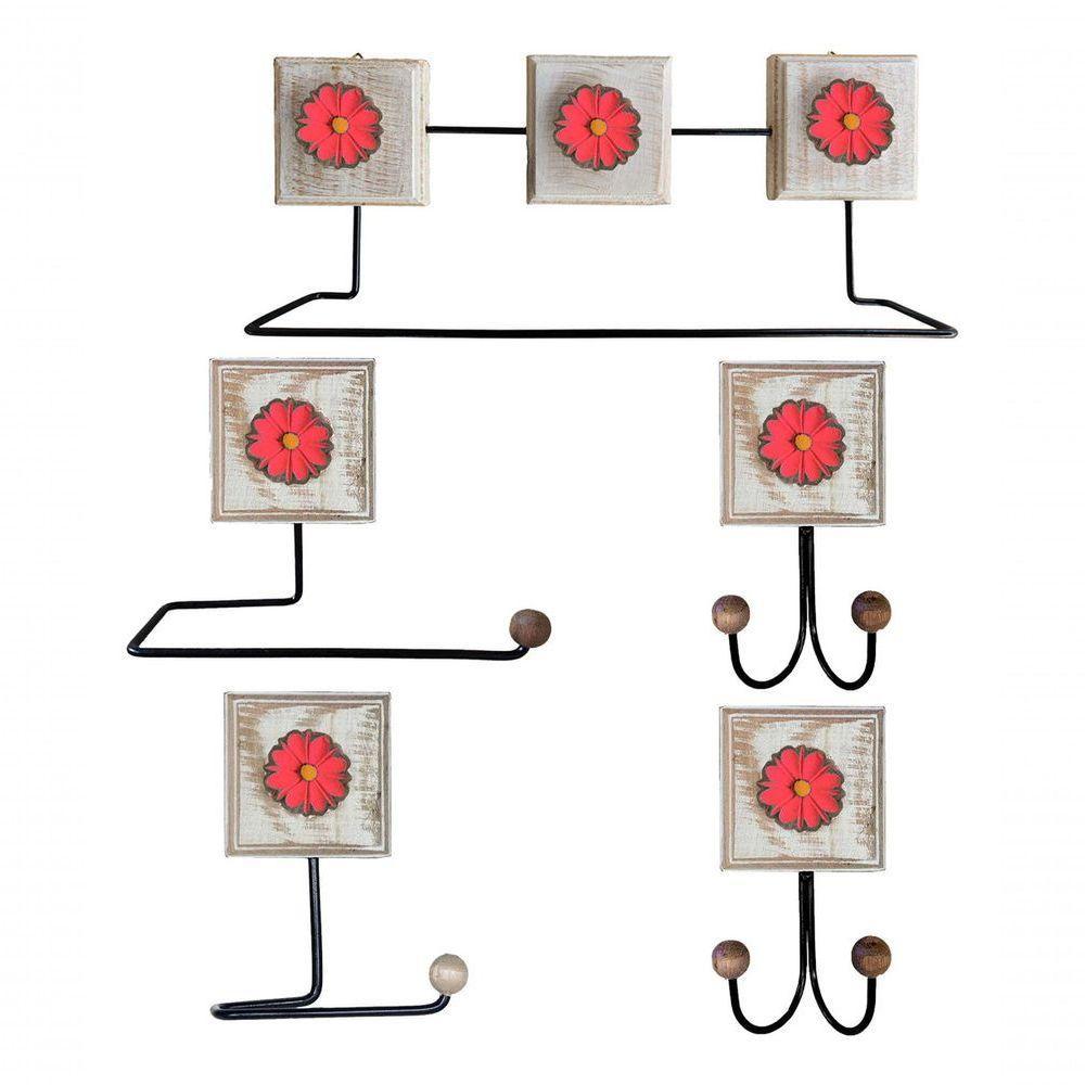 Kit Banheiro 5 Peças Artesanal Rústico Flor De Madeira 3d Anúncio Com Variação Cor Vermelho - 1