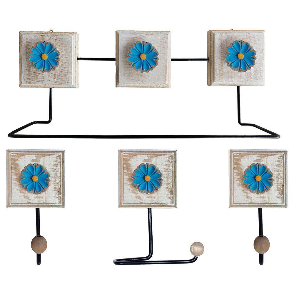 Kit Banheiro Com 2 Toalheiros + Porta Papel Higiênico + Toalheiro Rustico Artesanal Cor Azul - 1