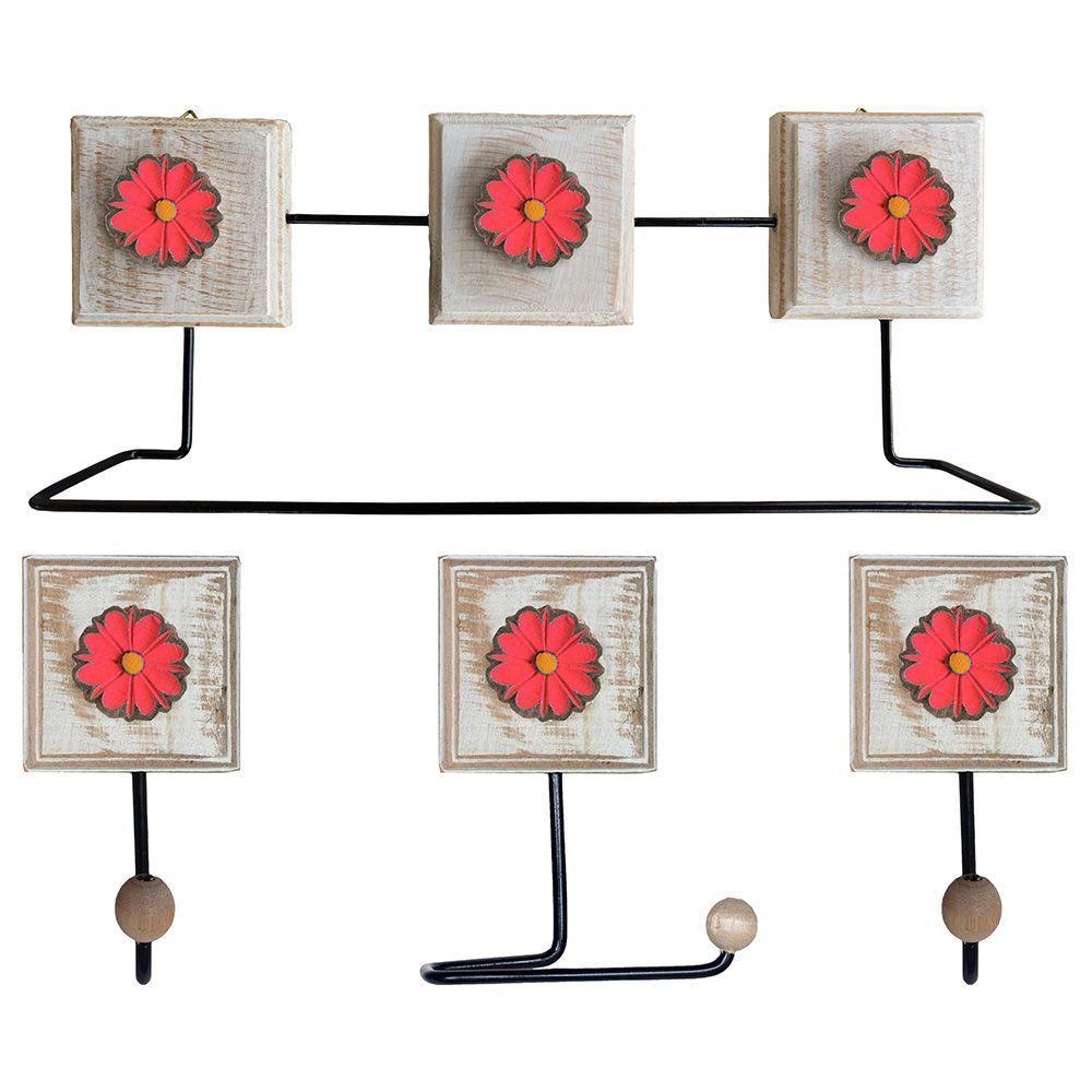 Kit Banheiro Com 2 Toalheiros + Porta Papel Higiênico + Toalheiro Rustico Artesanal Cor Vermelho - 1