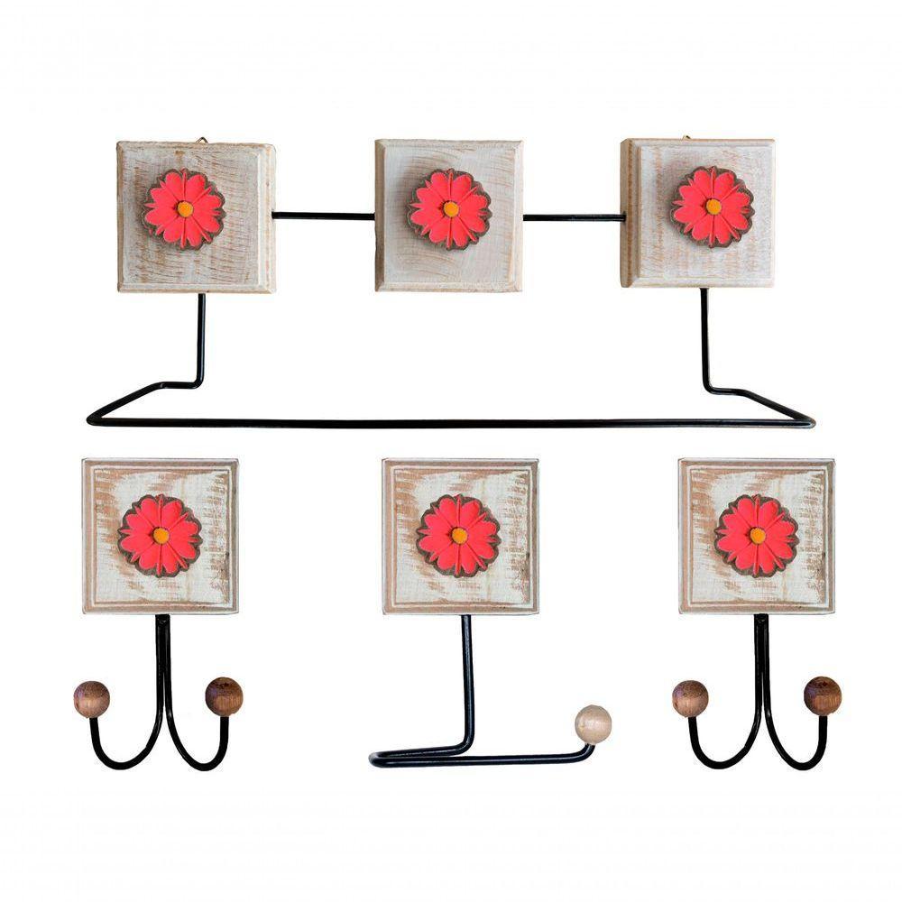 Kit Banheiro Com 2 Toalheiros Duplos + Porta Papel Higiênico + Toalheiro Rustico Artesanal Cor Vermelho - 1