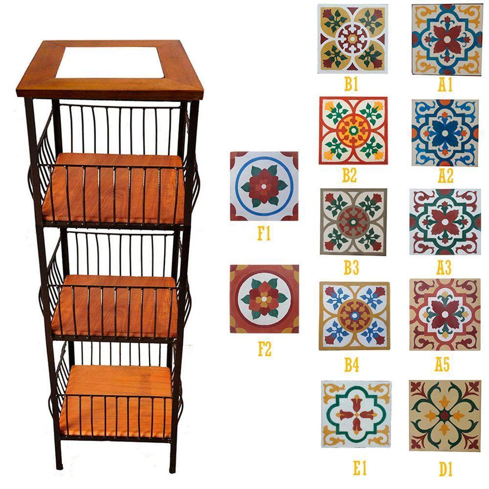 Fruteira De Ferro E Madeira Grande 3 Andares Com Ladrilho Hidráulico Artesanal Ladrilho A5 - 4