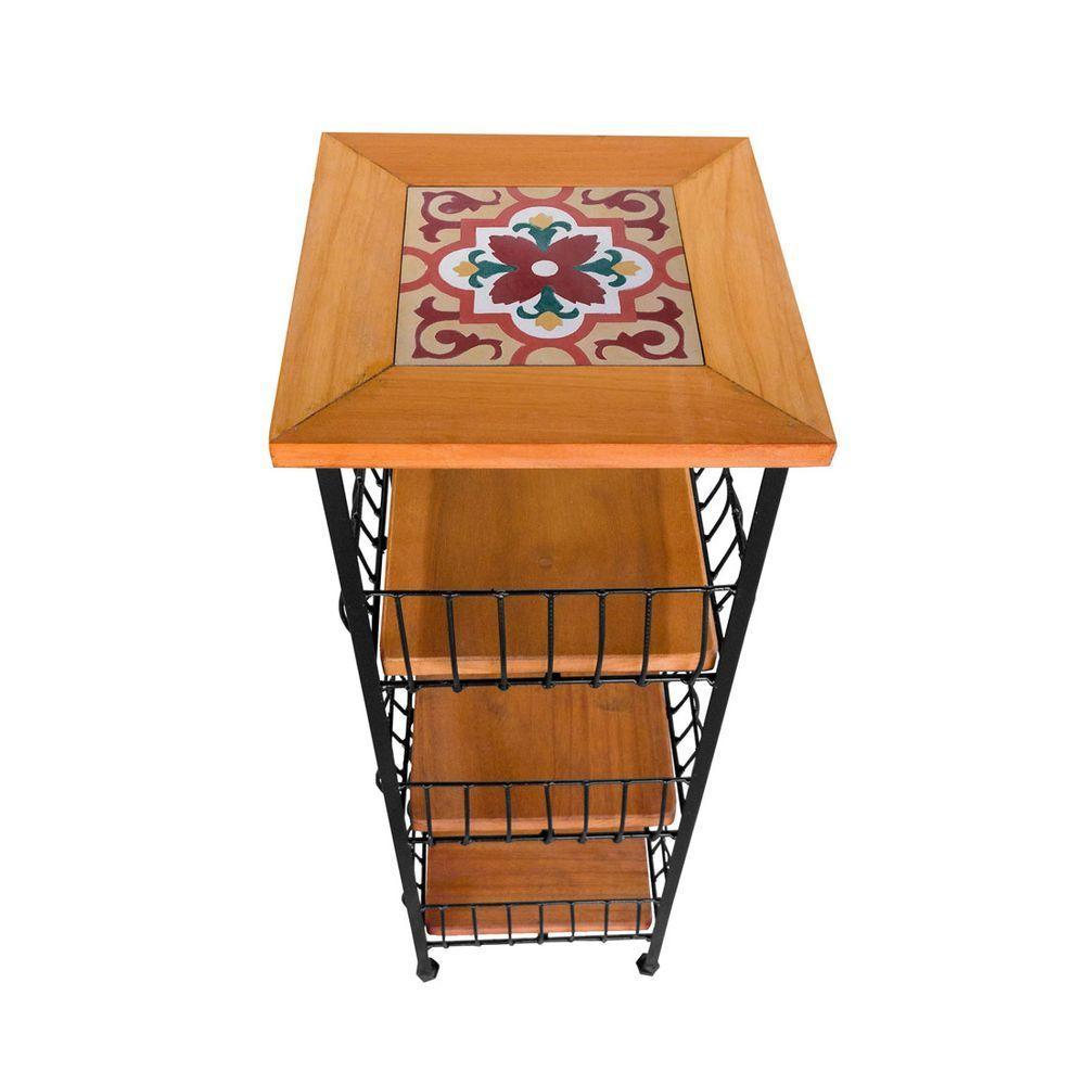 Fruteira De Ferro E Madeira Grande 3 Andares Com Ladrilho Hidráulico Artesanal Ladrilho A5 - 6