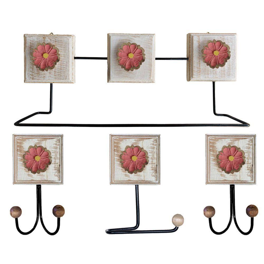 Kit Banheiro Com 2 Toalheiros Duplos + Porta Papel Higiênico + Toalheiro Rustico Artesanal Cor Rosa - 1