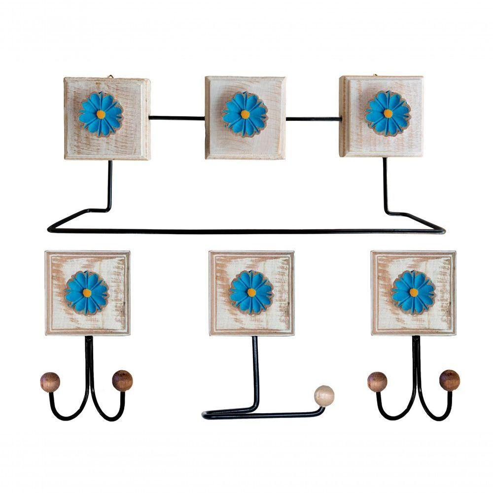 Kit Banheiro Com 2 Toalheiros Duplos + Porta Papel Higiênico + Toalheiro Rustico Artesanal Cor Azul - 1