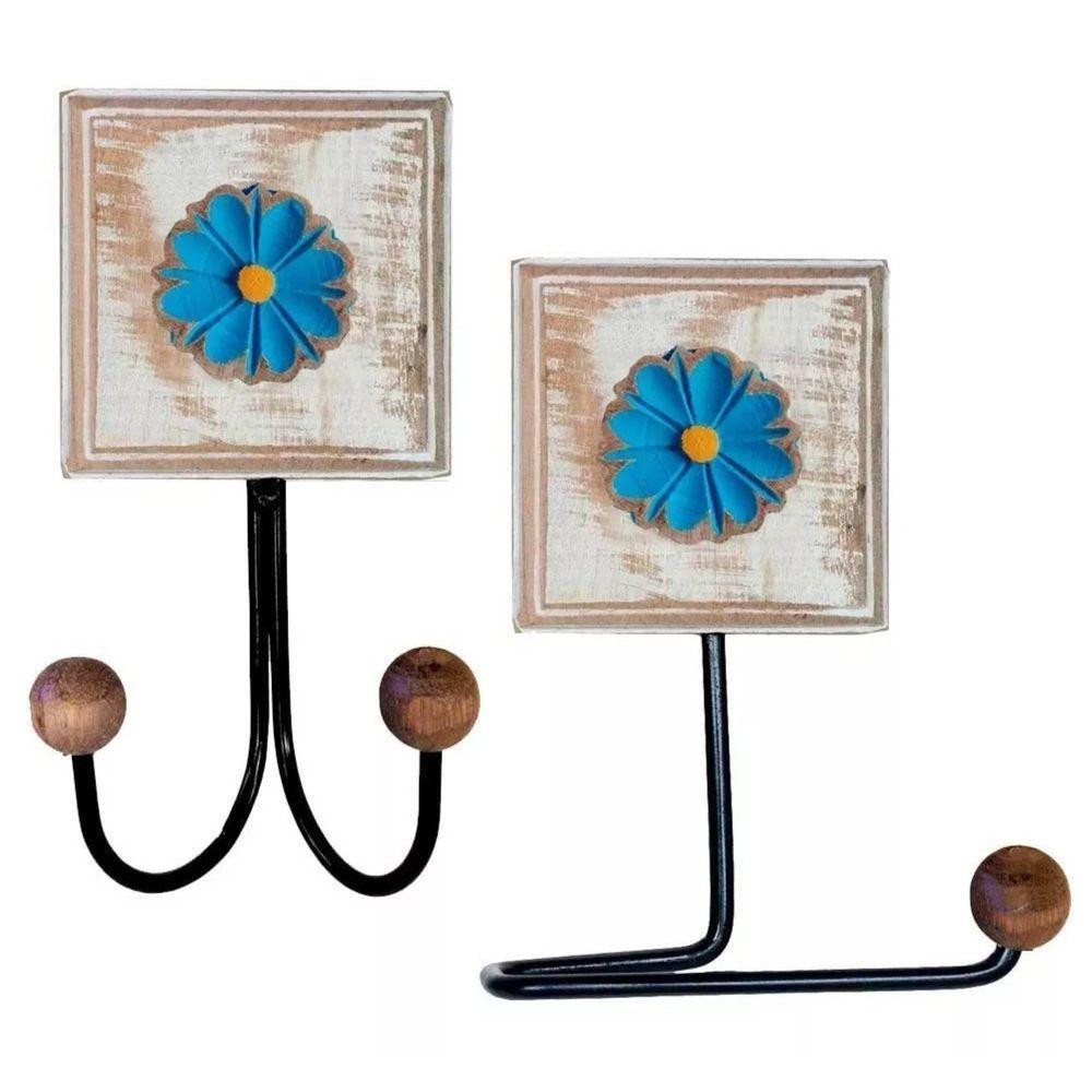 Kit Banheiro Com 2 Toalheiros Duplos + Porta Papel Higiênico + Toalheiro Rustico Artesanal Cor Azul - 8