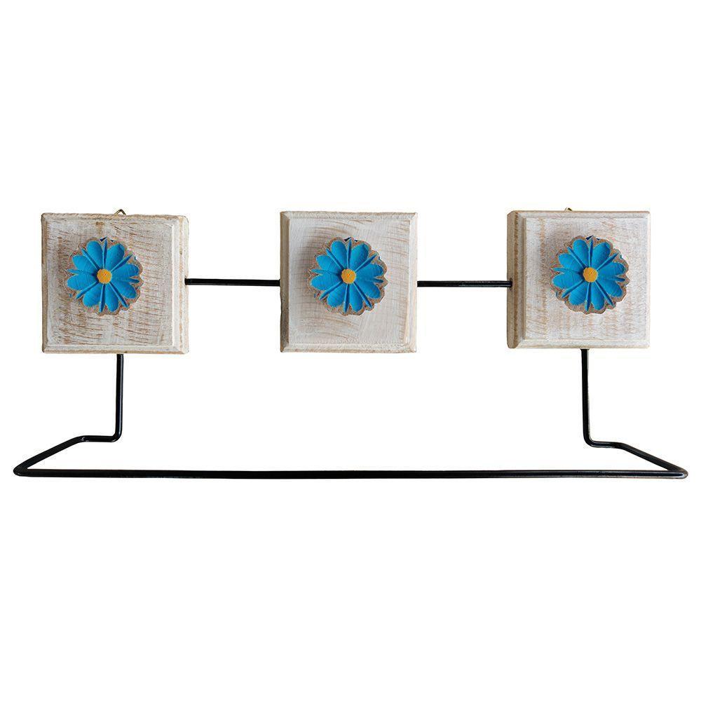 Kit Banheiro Com 2 Toalheiros Duplos + Porta Papel Higiênico + Toalheiro Rustico Artesanal Cor Azul - 9