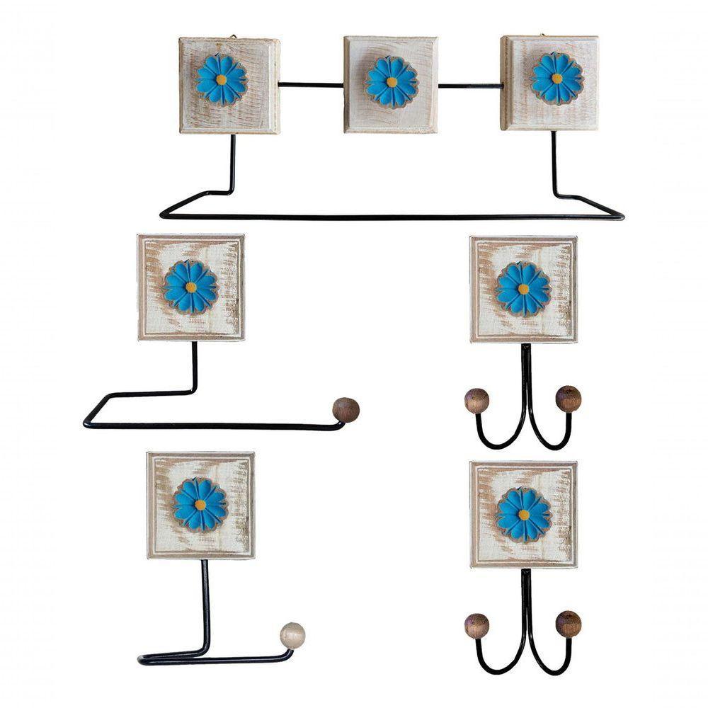 Kit Banheiro 5 Peças Artesanal Rústico Flor De Madeira 3d Anúncio Com Variação Cor Azul - 1