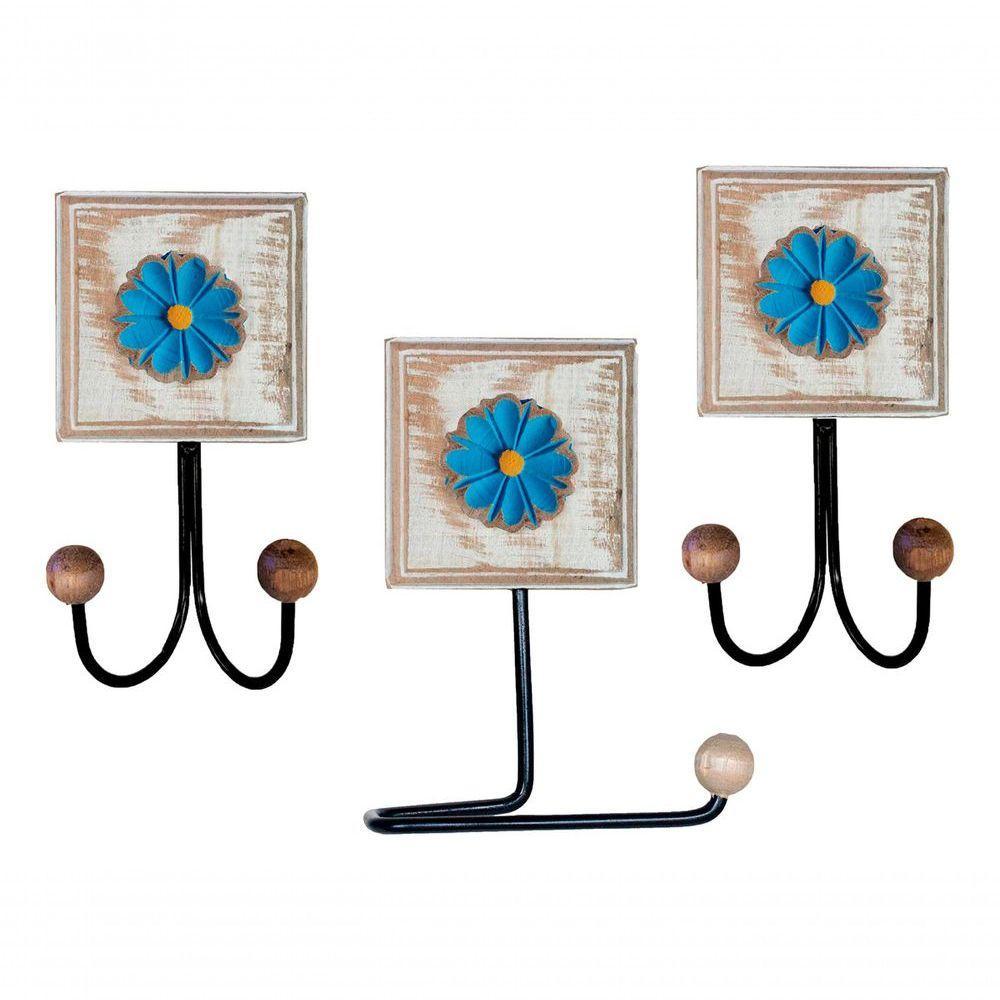 Kit Banheiro 5 Peças Artesanal Rústico Flor De Madeira 3d Anúncio Com Variação Cor Azul - 5