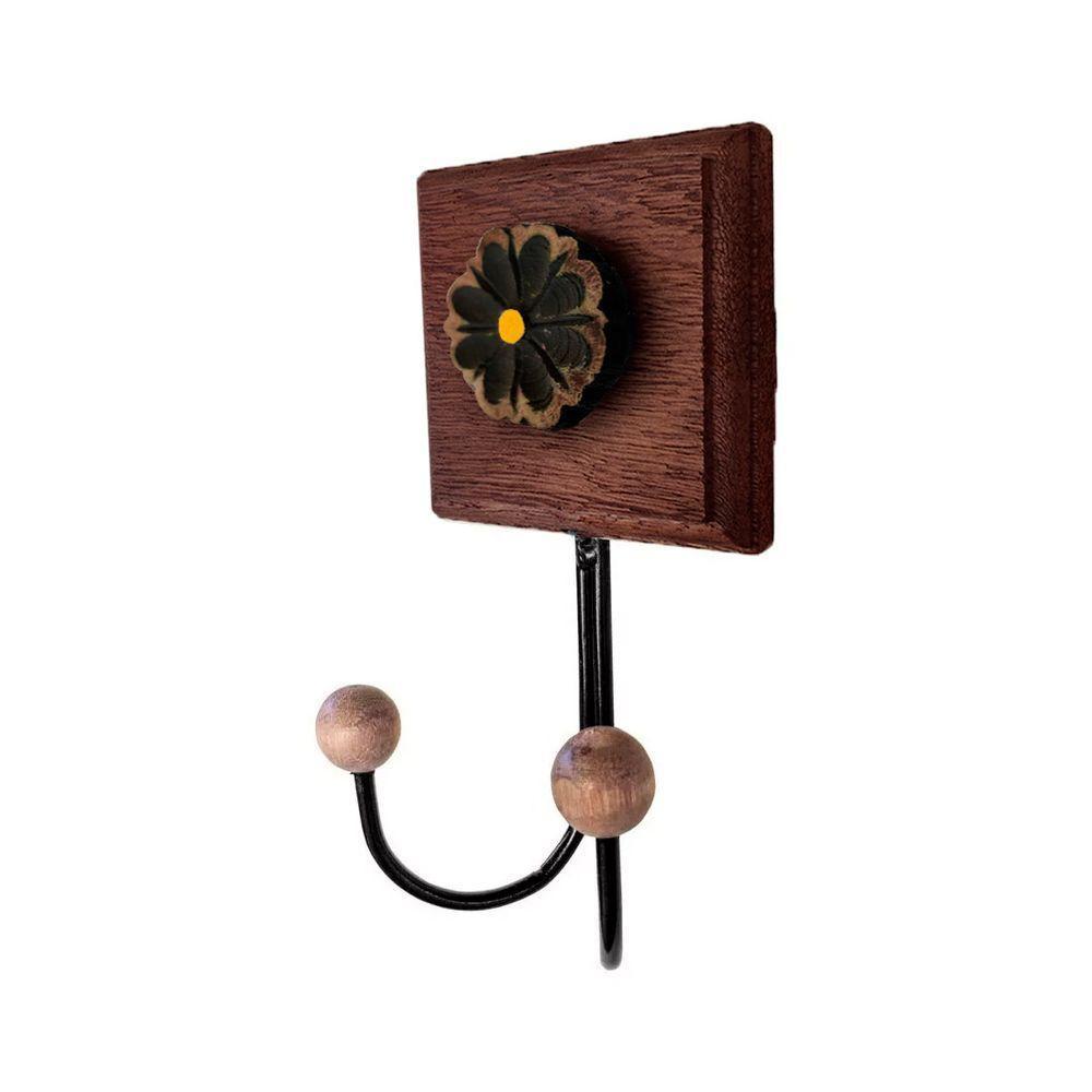 Toalheiro Cabideiro Duplo Flor 3d Rústico Artesanal Ferro Cor Preto - 3