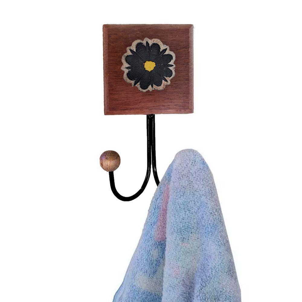 Toalheiro Cabideiro Duplo Flor 3d Rústico Artesanal Ferro Cor Preto - 4