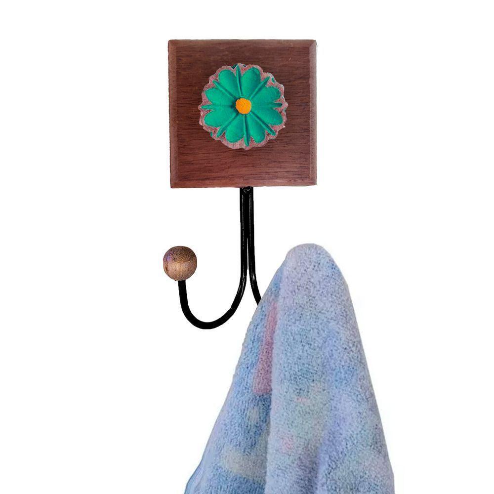 Toalheiro Cabideiro Duplo Flor 3d Rústico Artesanal Ferro Cor Verde - 3