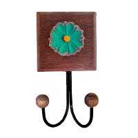 Toalheiro Cabideiro Duplo Flor 3d Rústico Artesanal Ferro Cor Verde - 1