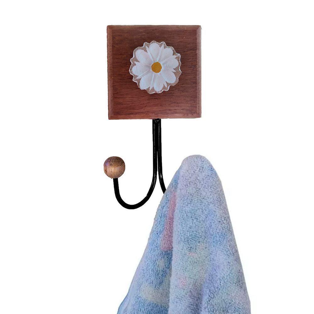 Toalheiro Cabideiro Duplo Flor 3d Rústico Artesanal Ferro Cor Branco - 4