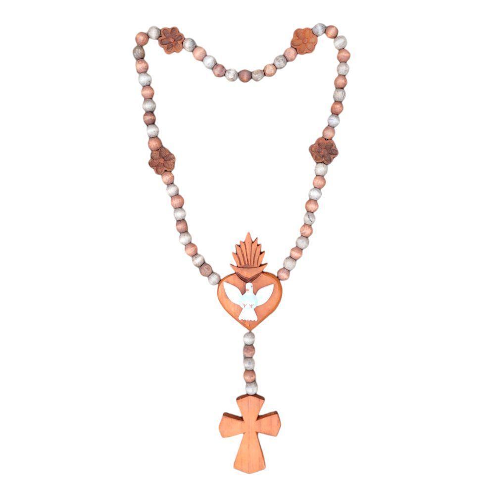 Terço Decorativo Grande Colar De Mesa De Madeira Com Divino Espirito Santo - 1