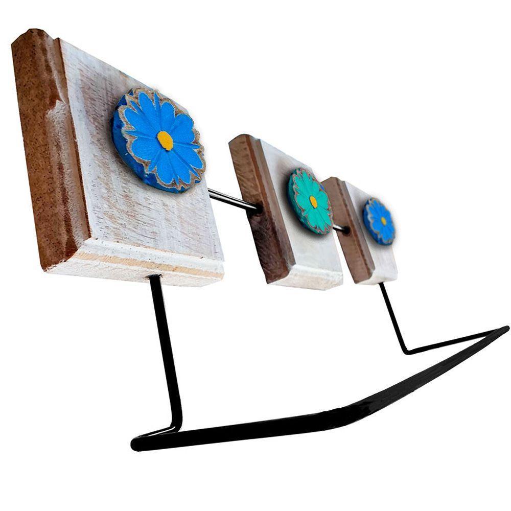 Toalheiro Ferro E Madeira Artesanal Flores Azul E Verde Cor Azul - 5